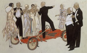 Grupa pań i panów w strojach wieczorowych słuchająca mówcy, stojąca w Bugatti „Red Bug” autorstwa Ernst Deutsch Dryden