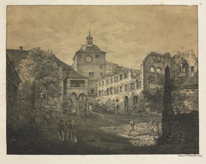 Sześć widoków zamku w Heidelbergu: Taras zamkowy, 1820 r. autorstwa Ernst Fries