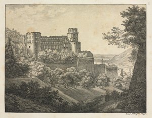 Sześć widoków zamku w Heidelbergu: w kierunku północno-wschodnim, 1820 r. autorstwa Ernst Fries