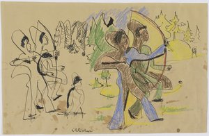 Łucznicy, ok. 1935 (pióro i kreda na brązowym papierze) autorstwa Ernst Ludwig Kirchner