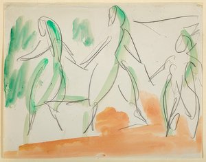 Trzech tancerzy. 1911 Szkicownik Folkwang (s. 34) autorstwa Ernst Ludwig Kirchner