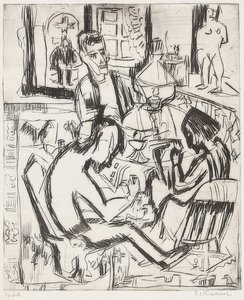 Wnętrze z ludźmi. 1923 autorstwa Ernst Ludwig Kirchner