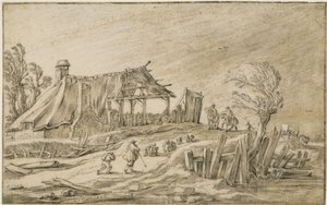 Wiejska droga ze stadem owiec i jeźdźcami podczas ulewy autorstwa Esaias van de Velde