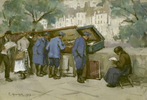 Żołnierze francuscy i bukwiniści nad Sekwaną, 1917 (toaleta na jasnoszarym papierze) autorstwa Ethel Hunter