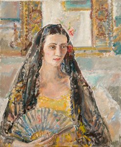 Dama z wachlarzem, exh. 1926 (olej na płótnie) autorstwa Ethel Walker