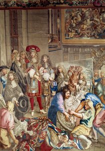 Wizyta Ludwika XIV w Manufacture des Gobelins w obecności Jeana Baptiste (Jean-Baptiste) Colbert (1619-1683) (z profilu, po prawej stronie króla) i malarza Charlesa Lebruna (Le Brun) (1619-1690) ), 15 października autorstwa Etienne (studio of) Le Blond