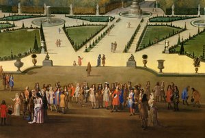 Promenada Ludwika XIV (1638-1715) z widokiem na północny parter w ogrodach Wersalu Detal. Obraz Etienne