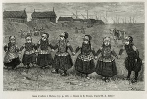 Tańce dziecięce w Marken (Holandia), rycina według rysunku E.Ronjata, ilustrująca historię Neerlande, autorstwa Charlesa de Coster, w 1878 r., opublikowana w tour du monde, pod kierunkiem Edouarda Chartona autorstwa Etienne Antoine Eugene Ronjat