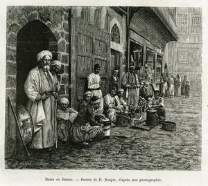Bazar w Damaszku. Grawerowanie E.Ronjata, aby zilustrować historię La Syria d