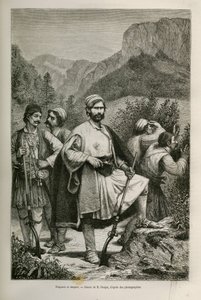 Greccy zbójcy i pasterze, wspólnicy w górach, rysunek E.Ronjata, ilustrujący historię Henri Belle: Podróż do Grecji