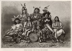 Indyjscy wojownicy i ich żony (Teksas). Grawer na podstawie rysunku E.Ronjata, aby zilustrować historię La conquete blanche, autorstwa Williama Hepwortha Dixona, w 1875 r., opublikowany w „” Le tour du monde””” 1876, pod redakcją Edouarda Chartona, wydanie autorstwa Etienne Antoine Eugene Ronjat
