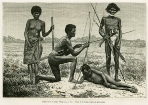 Negritos z góry Yriga. Grawerowanie autorstwa E.Ronjata ilustrujące historię Lucon i Palaouan, sześć lat na Filipinach, Alfreda Marche (1844-1898), in le tour du monde 1886, reżyseria Edouard Charton (1807-1890), Hachette, Paryż. autorstwa Etienne Antoine Eugene Ronjat