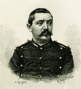 Portret kapitana Pietriego z artylerii morskiej podczas wyprawy do Afryki 1879-1882 pod dowództwem Gallieniego. Grawer E. Ronjata, z fotografii, ilustrujący historię „Exploration du Haut Niger (Haut Niger)” (dzisiejsze Mali) autorstwa autorstwa Etienne Antoine Eugene Ronjat