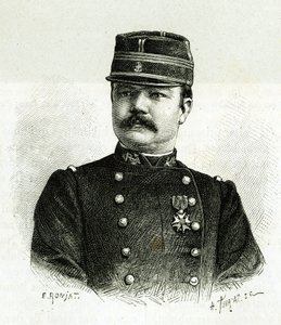 Portret kapitana Valliere z piechoty morskiej, podczas wyprawy do Afryki pod dowództwem Gallieniego. Grawer E.Ronjata, po fotografii, ilustrujący historię „Exploration du Haut Niger (Haut Niger)” (dzisiejsze Mali) Komandora autorstwa Etienne Antoine Eugene Ronjat