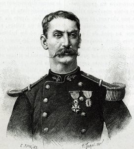 Portret komandora Josepha Gallieniego podczas wyprawy do Afryki (1879-1882). Grawer E. Ronjata po fotografii, ilustrujący opowiadanie „Exploration du Haut Niger (Haut Niger)” (dzisiejsze Mali) przez komandora Josepha Gallieniego (1849-1916) autorstwa Etienne Antoine Eugene Ronjat