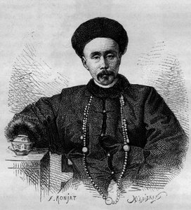 Portret Li Hongzhanga (1832-1901), chińskiego generała i wicekróla (wicekróla) Żyli w latach 1871-1895 i 1900-1901. Rycina z rysunku Ronjata, ze zdjęcia Thomsona, w „” Le Tour du Monde, Nouveau journal des Voyages””, pod red. autorstwa Etienne Antoine Eugene Ronjat