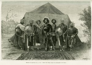 Portret księcia Menelika II z Etiopii (1844-1913), w otoczeniu generałów. Grawer autorstwa Ronjata, po zdjęciu, ilustrujący historię Voyage au Choa (Abyssinie meridionale)