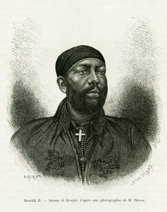 Portret księcia Menelika II z Etiopii (1844-1913). Grawer autorstwa Ronjata, po zdjęciu, ilustrujący historię Voyage au Choa (Abyssinie meridionale)