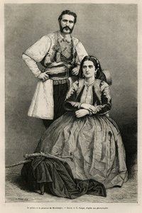 Portrety księcia Czarnogóry Mikołaja I Petrovicza Niegoscha (1841-1921) i jego żony Mileny z domu Voukovich (1847-1923), rysunek E.Ronjata, ilustrujący podróż do Czarnogóry w 1874 roku, autorstwa Charlesa Yriarte (1832) -1898). Grawerowanie w Le tour du autorstwa Etienne Antoine Eugene Ronjat