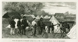 Przegląd aparatury telegrafii optycznej. Grawerowanie E.Ronjata, aby zilustrować historię Trente mois au Tonkin, w 1884 r., autorstwa doktora Paula Hocquarda, in le tour du monde 1890, pod kierunkiem Edouarda Chartona (1807-1890), Hachette, Paryż. autorstwa Etienne Antoine Eugene Ronjat