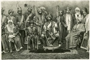 Kaszmirski maharadża, Rambhir Sing i jego dwór. Grawer autorstwa E. Ronjata, ilustrujący historię „Portret paryżanki w Himalajach Zachodnich”, w 1881 r. autorstwa Marie de Ujfalvy-Bourdon (Ujfalvy Bourdon). Opublikowano w Tour du monde, 2 semestr autorstwa Etienne Antoine Eugene Ronjat