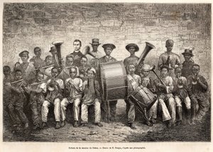 Zespół dzieci misji Gabon. Rycina według rysunku E.Ronjata, dla zilustrowania rejsu po wybrzeżu Afryki, autorstwa wiceadmirała Fleuriot de Langle, w 1868 r., opublikowana w „Le tour du monde” 1876, pod redakcją Edouarda Chartona, Hachet autorstwa Etienne Antoine Eugene Ronjat