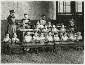 Posiłek dla dzieci w przedszkolu. Grawer autorstwa E.Ronjata, ilustrujący opowiadanie „Atravers l