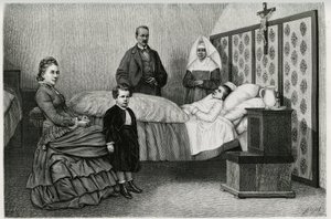 Konsultacja lekarska w hospicjum Logelbach. Grawer E.Ronjata, ilustrujący opowieść „Przez Alzację i Lotaryngię””, w 1884 r. autorstwa Charlesa Grada (1842-1890), niemieckiego zastępcy, pisarza i przyrodnika. Opublikowano w Le Tour du monde, nouveau journal autorstwa Etienne Antoine Eugene Ronjat