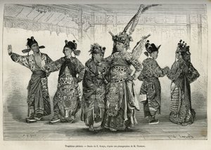 Tragedie pekińskiego teatru, specjalizujący się w dramatach historycznych i mitologicznych. Rycina wg rysunku E.Ronjata, dla zilustrowania podróży do Pekinu i północnych Chin, autorstwa T.Choutze, w 1873, opublikowana w „”Le tour du monde””””1876, pod reda autorstwa Etienne Antoine Eugene Ronjat