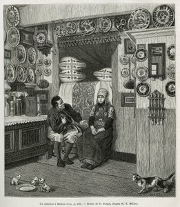 Un interieur à Marken (Pays Bas), rycina według rysunku E.Ronjata, ilustrująca historię Neerlande, autorstwa Charlesa de Coster, w 1878 r., opublikowana w tour du monde, pod kierunkiem Edouarda Chartona autorstwa Etienne Antoine Eugene Ronjat