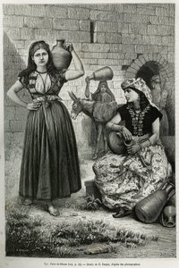 Kobiety niosące dzbany w pobliżu studni Hirama w Tyrze. Grawer E.Ronjata, aby zilustrować historię La Syria d