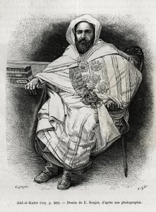 portret Abd El Kadera (1808-1883) algierskiego emira i sułtana, sufickiego teologa, polityka i wojskowego oporu wobec francuskiej armii kolonialnej, a także pisarza, poety i filozofa. Grawerowanie E.Ronjata, aby zilustrować historię La Syria d