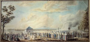 Rewolucja francuska: „”Obóz wojskowy Szkoły Marsa przyszłych kierowników armii republikańskiej”” Akwarela autorstwa Etienne Bericourt (XVIII wiek) 1794 Paryż, B.N.