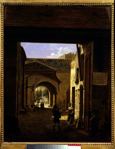 Dziedziniec domu napędowego przy rue Saint Denis, znany jako dziedziniec sceny Świętej Katarzyny w 1. dzielnicy Paryża. Obraz Etienne Bouhot (1780-1862) 1832 Nd. 0,27x0,22 m Paryż, Musee Carnavalet.