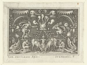 Abraham zamierza złożyć w ofierze Izaaka Dekoracje powierzchniowe ze scenami ze Starego Testamentu w groteskowej oprawie (tytuł serii) autorstwa Etienne Delaune