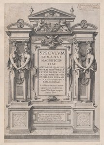 Lustro Wspaniałości Rzymskiej: Strona tytułowa rytowana w obrębie architektury i rzeźby..., 1573-77. autorstwa Etienne Duperac