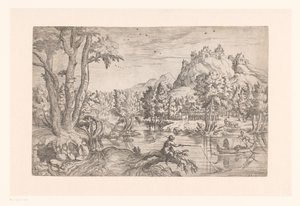 Krajobraz z rybakiem i zamkiem na szczycie góry autorstwa Etienne Dupérac (attributed to)