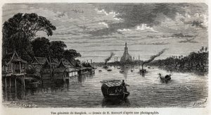 Ogólny widok Bangkoku (Tajlandia), rysunek E. Bocoura, ilustrujący podróż Henri Mouhota do królestw Syjamu, Kambodży i Laosu w latach 1858-1861. Grawer w „”Le tour du monde””, pod redakcją Edouarda Chartona