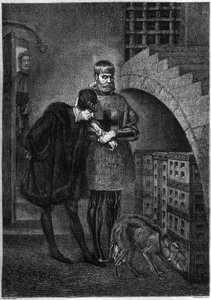 Król Francji Ludwik XI (1423-1483) odwiedzający więźnia Jean de La Balue (kardynał Balue) (1421-1491), zamyka się w żelaznej klatce. Grawer Bocoura po obrazie Gerome