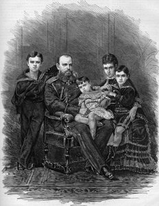 Portret rosyjskiej rodziny cesarskiej w 1881 roku: car Aleksander III (1845-1894) i Maria Fiodorowna (lub Fiodorowna lub Fiodorowna) (Mary Sophie Dagmar)