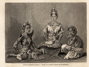 Syjamscy artyści dramatyczni, rysujący E. Bocoura, ilustrujący podróż Henri Mouhota do królestw Syjamu, Kambodży i Laosu w latach 1858-1861. Grawerowanie w „”Le tour du monde””, pod redakcją Edouarda Chartona