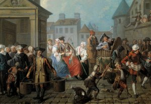 Karnawał na ulicach Paryża Detal. Obraz Etienne Jeaurat (1699-1789) 1757. Wym. 0,65 x 0,82m Paryż, muzeum Carnavalet autorstwa Étienne Jeaurat