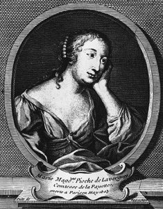 Medalionowy portret Marie-Madeleine Pioche de La Vergne, hrabiny La Fayette (1634-1693), francuskiej powieściopisarki, rycina: Etienne Jehandier Desrochers (1668-1741)