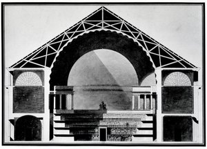 Bibliotheque Royale de France, rysunek przekrojowy budynku. Architektura autorstwa Etienne Louis Boullee (Etienne-Louis Boullee), francuskiego architekta (1728-1799).