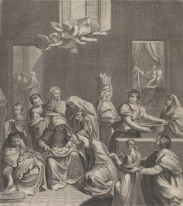 Narodziny Matki Boskiej, siedząca kobieta z niemowlęciem na kolanach, liczne kobiety wokół..., 1677. autorstwa Etienne Picart