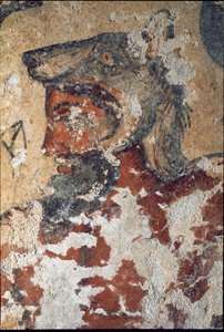 Aita (Eiza), etruski bóg zaświatów, noszący wilczą czapkę (fragment fresku, 4 pne) autorstwa Etruscan