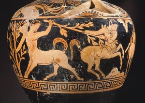 Amfora Malarza Centauromachów, detal przedstawiający walkę centaurów. Ceramika czerwonofigurowa z Porano (Umbria). Cywilizacja etruska, IV wiek p.n.e. autorstwa Etruscan
