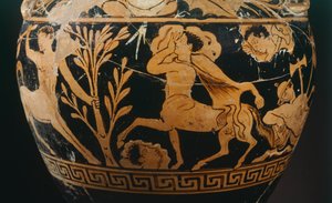Amfora Malarza Centauromachów, detal przedstawiający centaura. Ceramika czerwonofigurowa z Porano (Umbria). Cywilizacja etruska, IV wiek p.n.e. autorstwa Etruscan