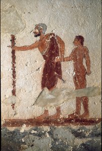 Stary człowiek w towarzystwie młodego mężczyzny (Fresco, detal, 530 pne) autorstwa Etruscan