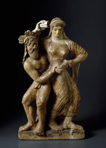 Starożytność etruska: „Satyra i tańcząca menada” Rzeźba z terakoty ze świątyni Mater matuta w Satricum. 480 pne. Ciemny. 59 cm Rzym, Muzeum Narodowe Villa Giulia autorstwa Etruscan